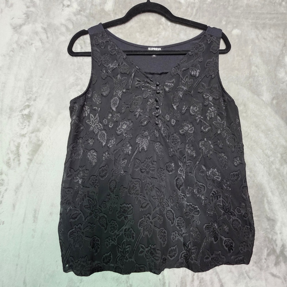 Express Women Black Floral Jacquard V-Neck Sleeveless Mixed Media Top Size M